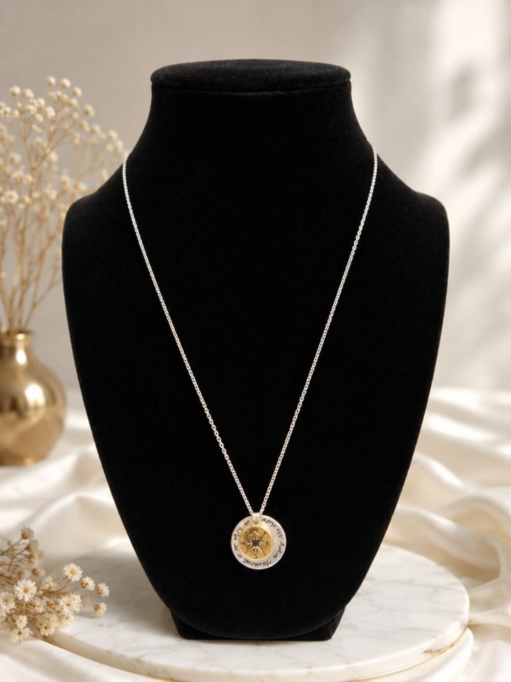925 Sterlig Silver Compass Necklace Life is a Journey Pendant Mixed Metal